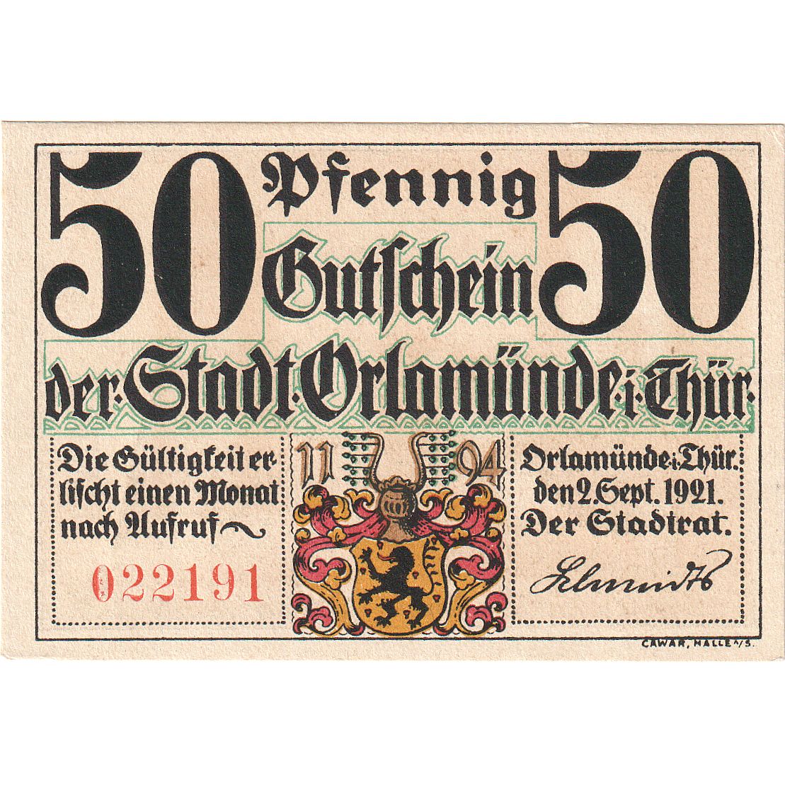 Geldschein, Deutschland, Orlamunde Stadt, 50 Pfennig, personnage, 1921