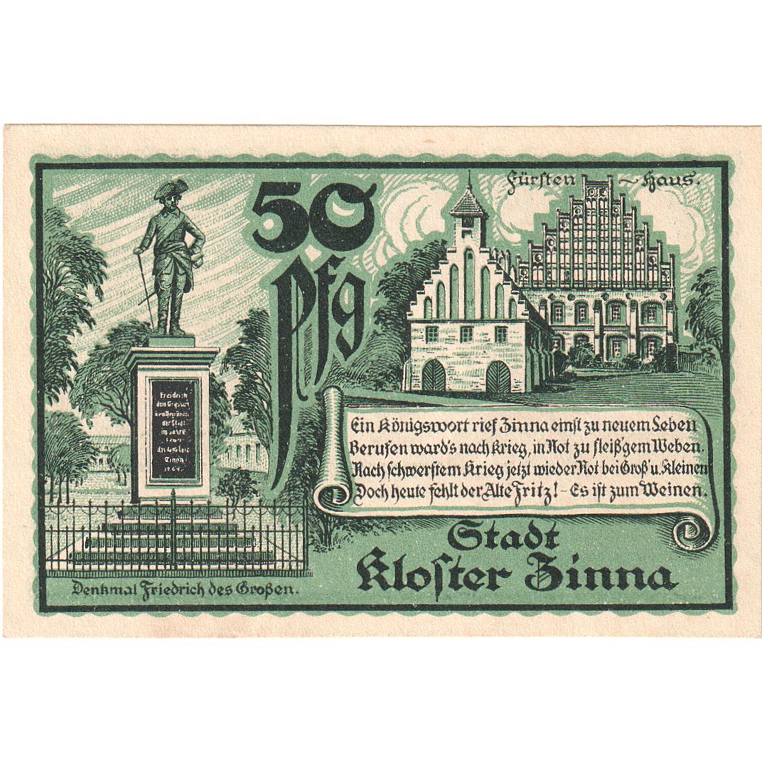 Banconote, Germania, Kloster Zinna Stadt, 50 Pfennig, Monument, 1920