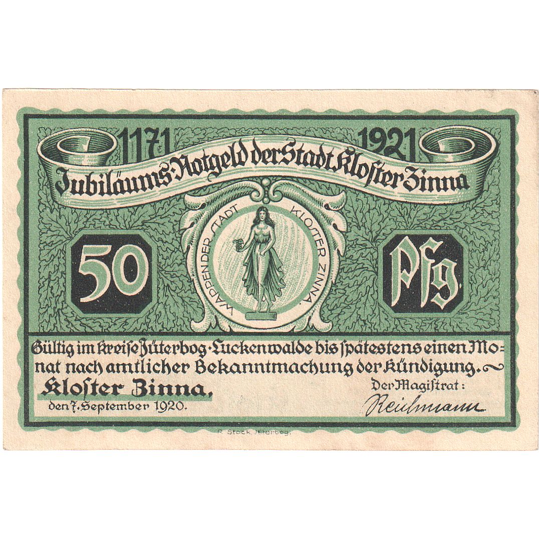 Banconote, Germania, Kloster Zinna Stadt, 50 Pfennig, Monument, 1920