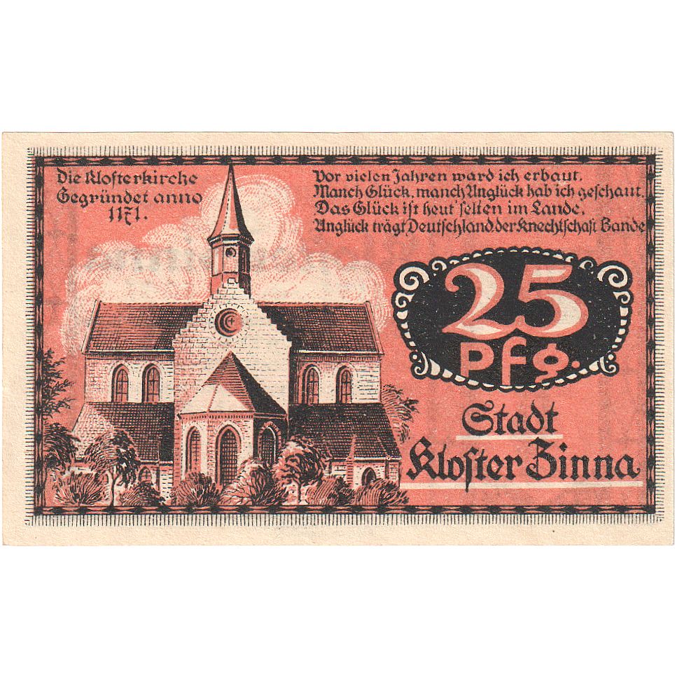 Banknot, Niemcy, Kloster Zinna Stadt, 25 Pfennig, Eglise, 1920, 1920-09-07