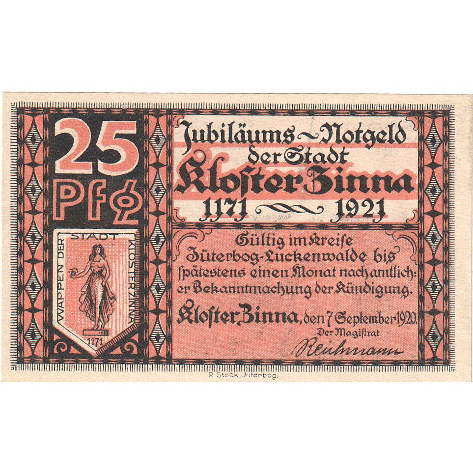 Banknot, Niemcy, Kloster Zinna Stadt, 25 Pfennig, Eglise, 1920, 1920-09-07