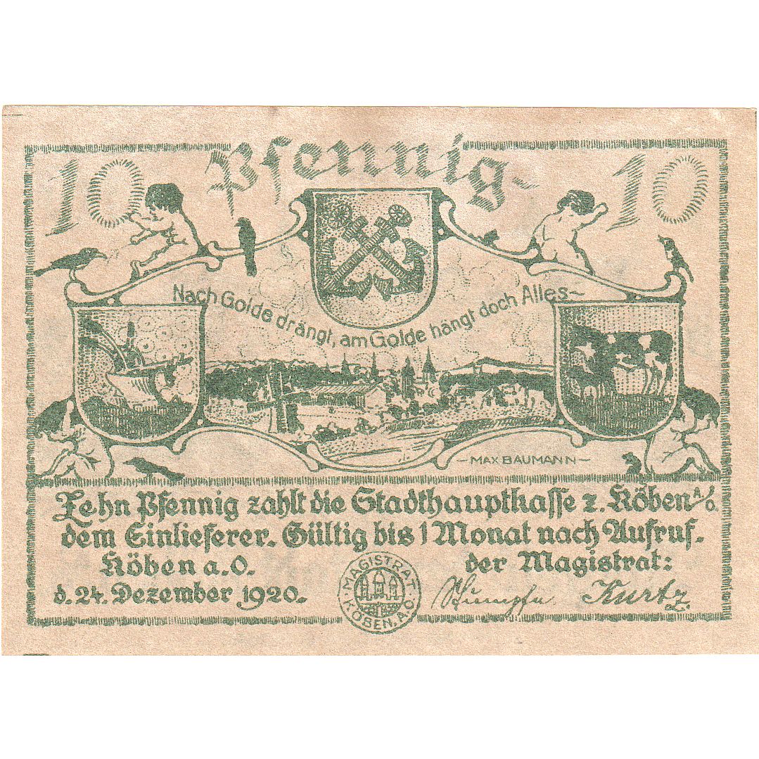 Geldschein, Deutschland, Köben a. O, 10 Pfennig, village, 1920, 1920-12-24