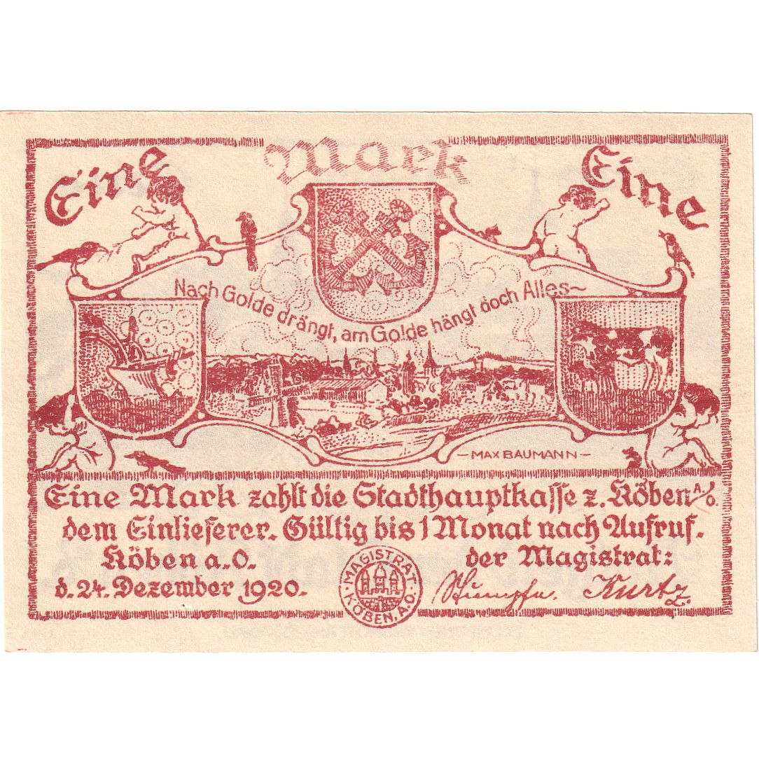 Geldschein, Deutschland, Köben a. O, 1 Mark, village, 1920, 1920-12-24, VZ+