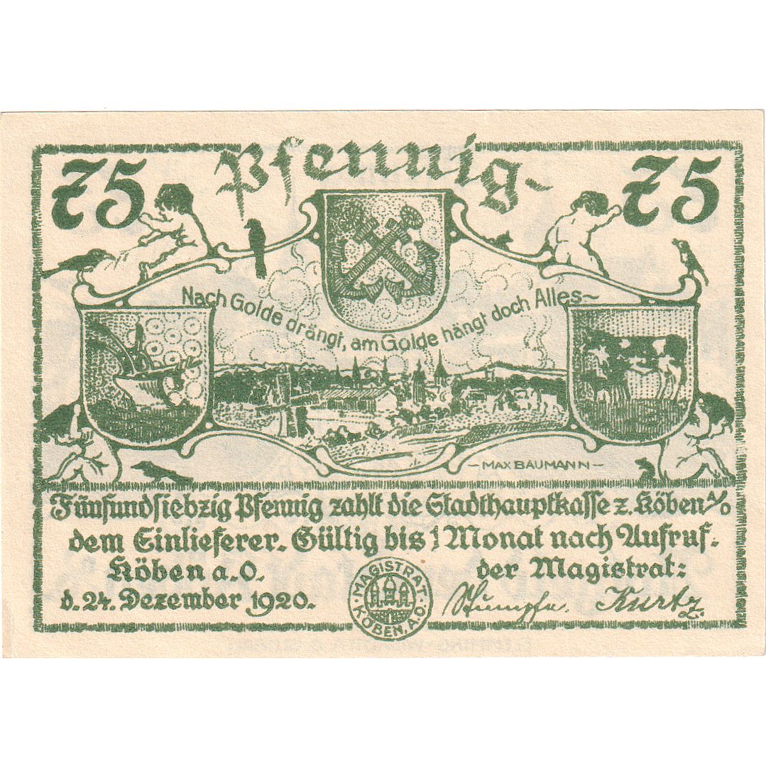 Billete, Alemania, Köben a. O, 75 Pfennig, village, 1920, 1920-12-24, EBC+