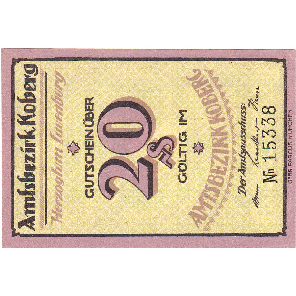 Banknot, Niemcy, Koberg, 20 Pfennig, paysage, O.D, UNC(65-70), Mehl:713.2a