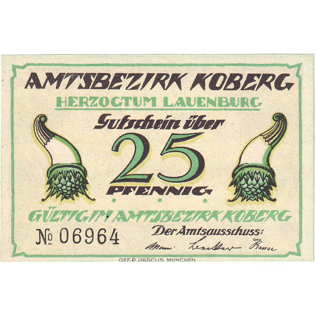 Billete, Alemania, Koberg, 25 Pfennig, paysage, O.D, UNC, Mehl:713.2a