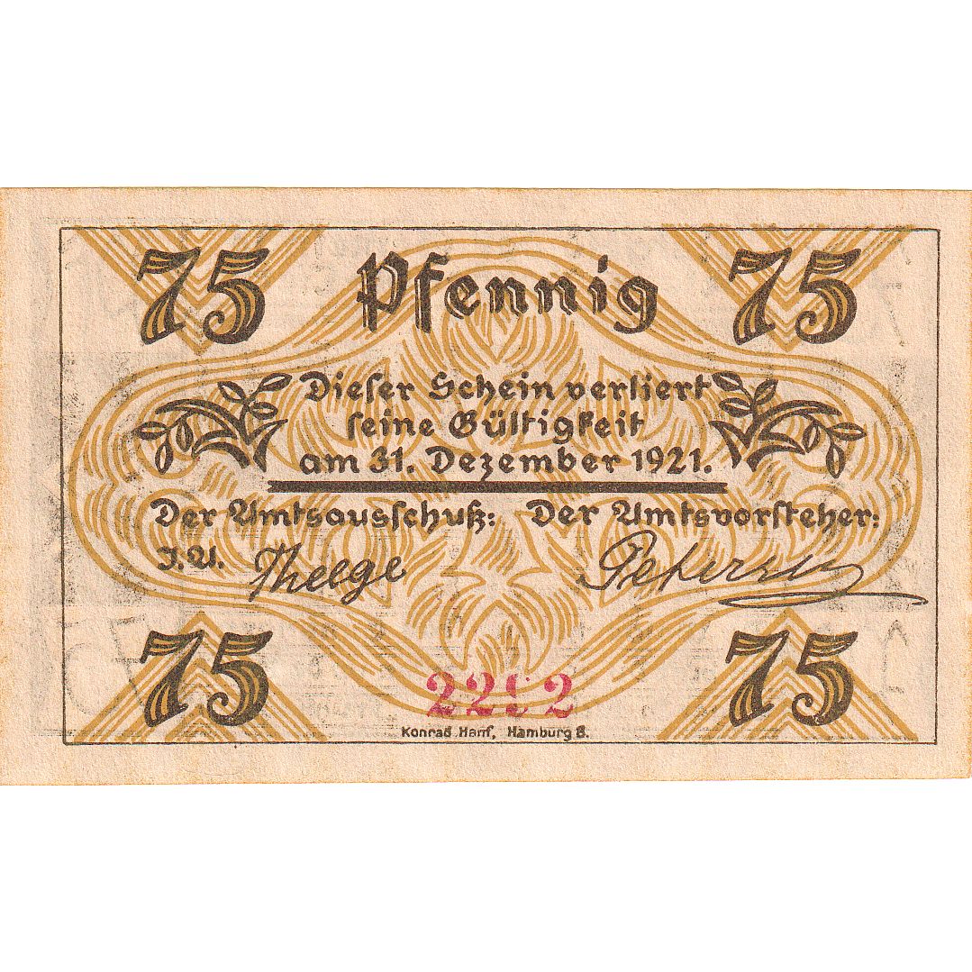 Banknot, Niemcy, Klein-Nordende-Lieth, 75 Pfennig, village, 1921, 1921-12-31