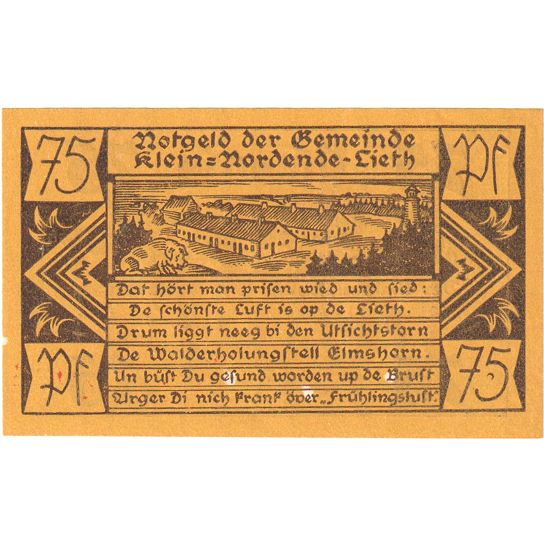 Banknot, Niemcy, Klein-Nordende-Lieth, 75 Pfennig, village, 1921, 1921-12-31
