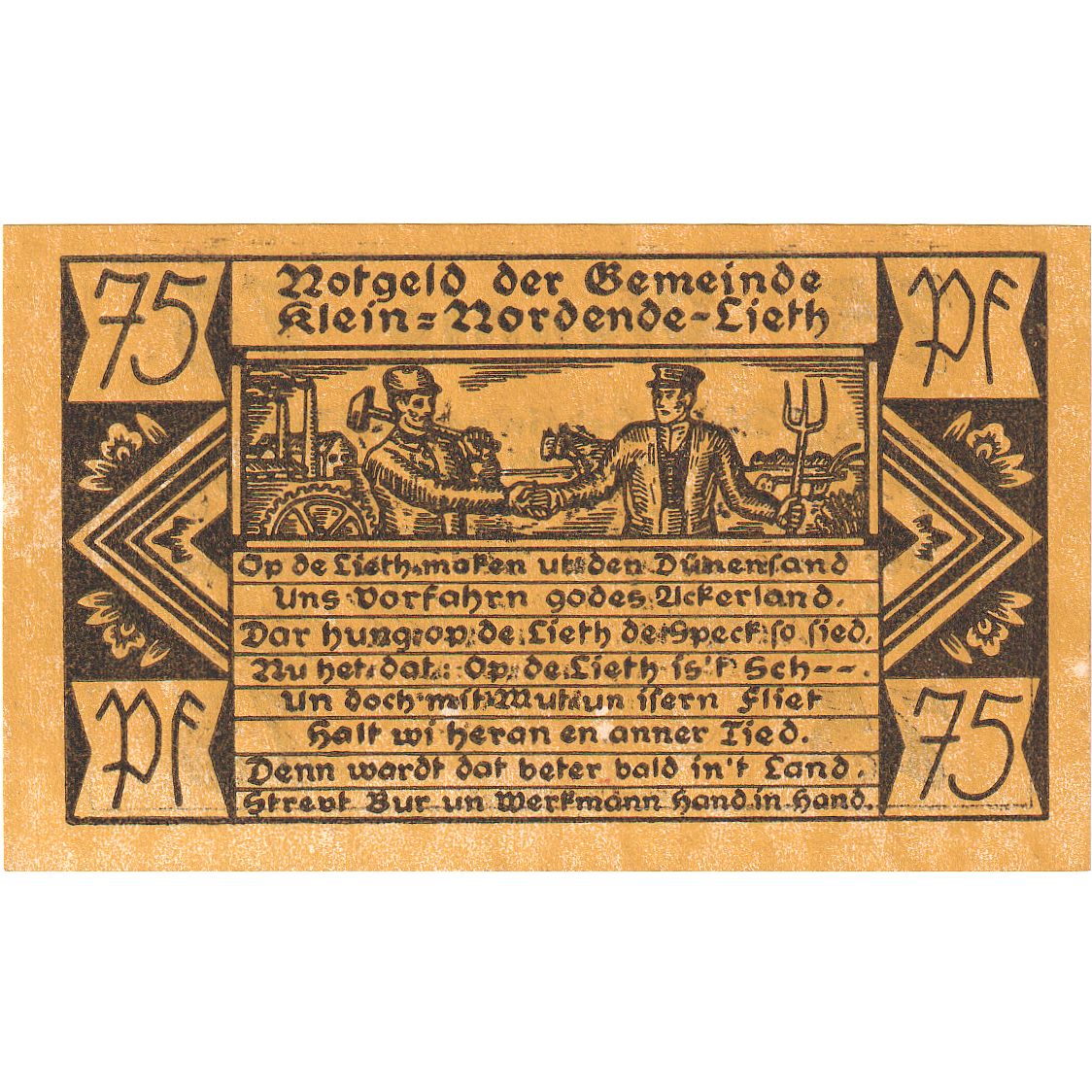 Billete, Alemania, Klein-Nordende-Lieth, 75 Pfennig, personnage, 1921