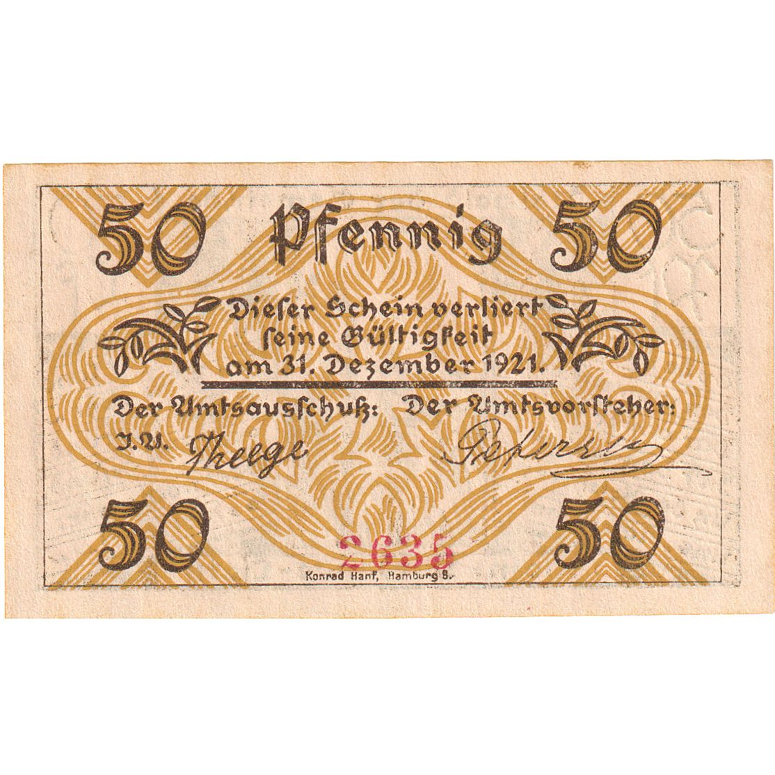 Billete, Alemania, Klein-Nordende-Lieth, 50 Pfennig, champs, 1921, 1921-12-31