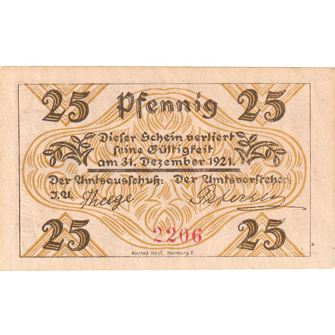 Banknot, Niemcy, Klein-Nordende-Lieth, 25 Pfennig, Maison, 1921, 1921-12-31