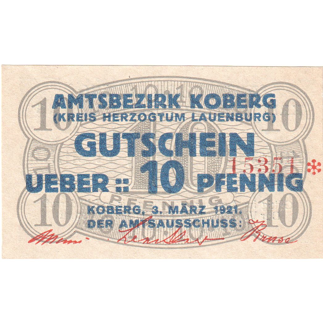 Billet, Allemagne, Koberg, 10 Pfennig, valeur faciale, 1921, 1921-03-03, NEUF