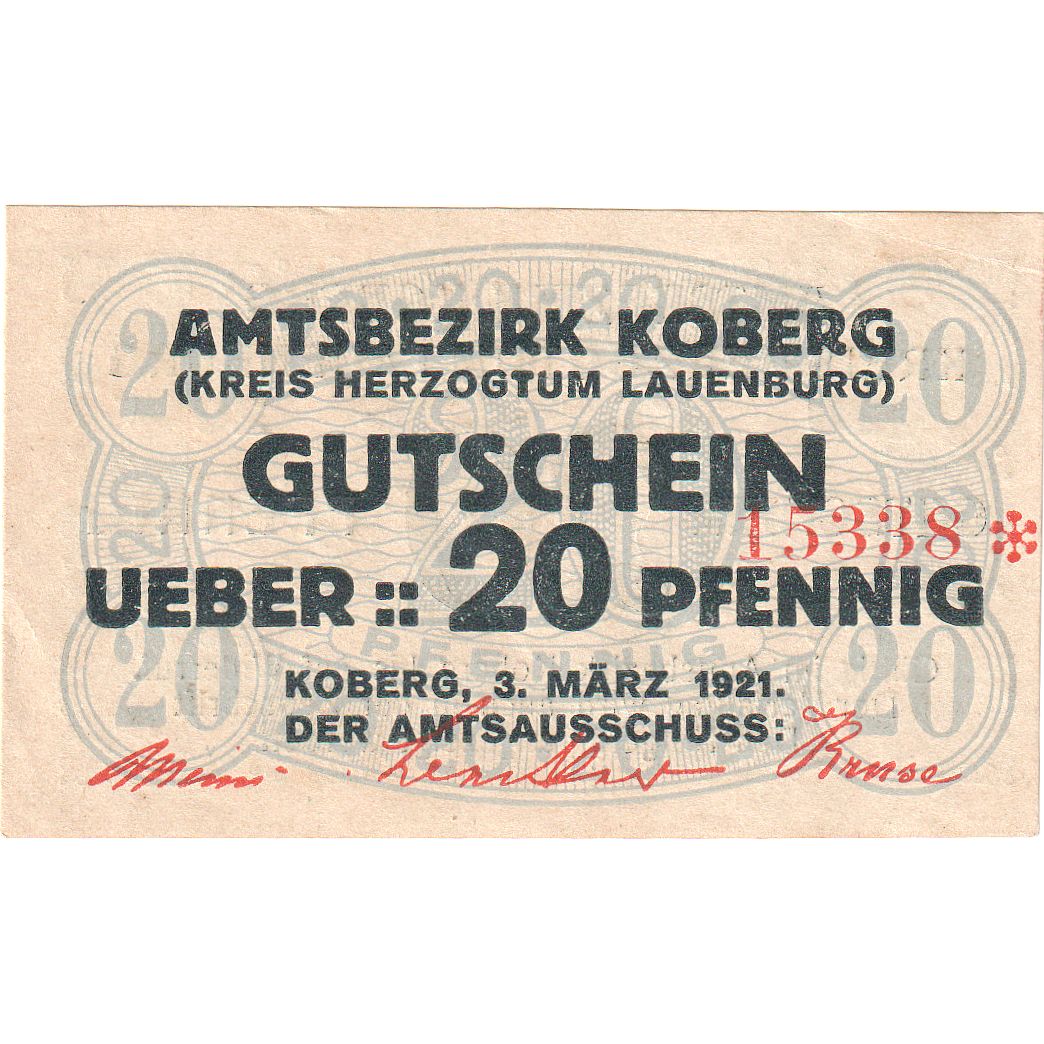 Banknot, Niemcy, Koberg, 20 Pfennig, valeur faciale, 1921, 1921-03-03