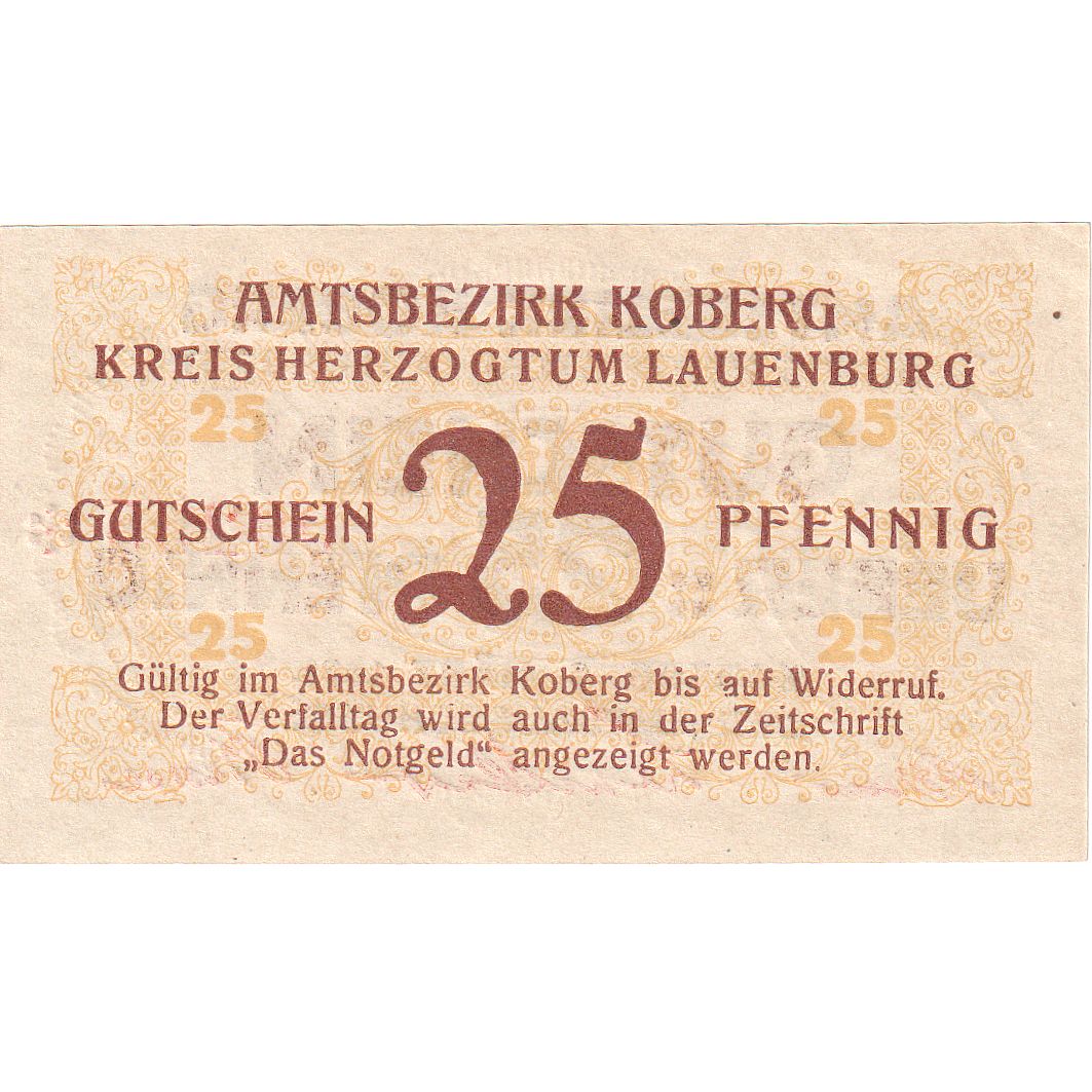 Banconote, Germania, Koberg, 25 Pfennig, valeur faciale, 1921, 1921-03-03, FDS