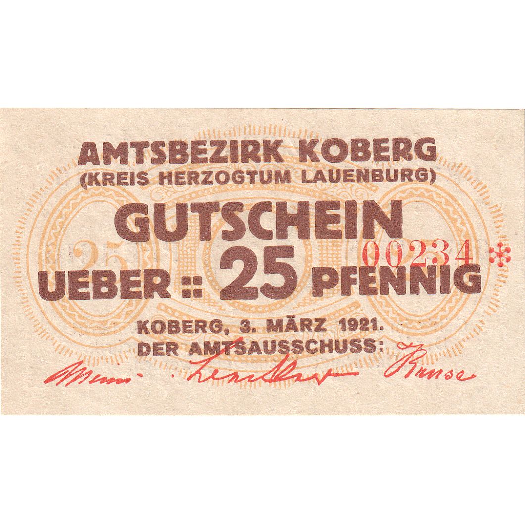 Banconote, Germania, Koberg, 25 Pfennig, valeur faciale, 1921, 1921-03-03, FDS