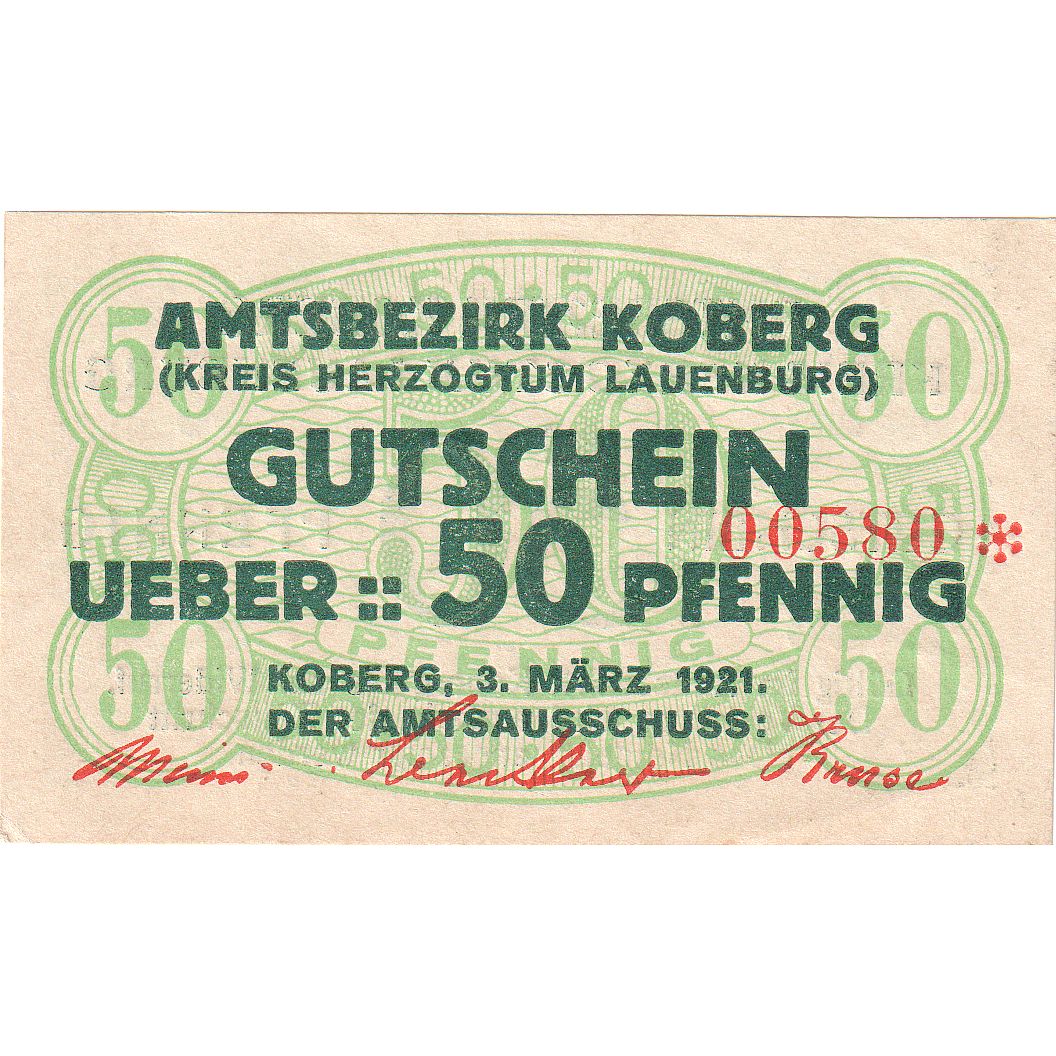 Billete, Alemania, Koberg, 50 Pfennig, valeur faciale, 1921, 1921-03-03, UNC