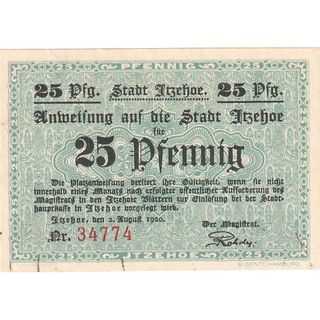 Banknot, Niemcy, Itzehoe, 25 Pfennig, personnage, 1920, 1920-08-02, UNC(63)