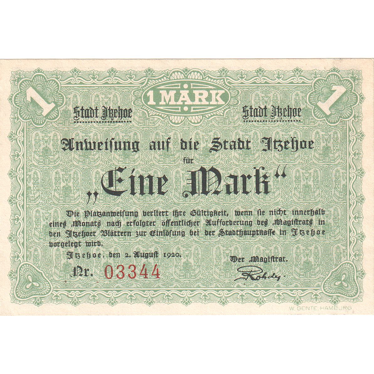 Banconote, Germania, Itzehoe, 100 Pfennig, personnage, 1920, 1920-08-02, SPL