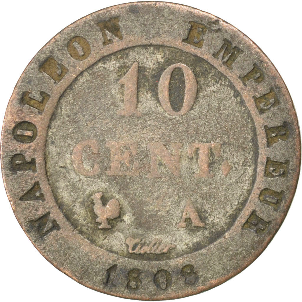 France, 10 Centimes, Napoléon I, 1808, Paris, Billon, VF(20-25), Gadoury:190