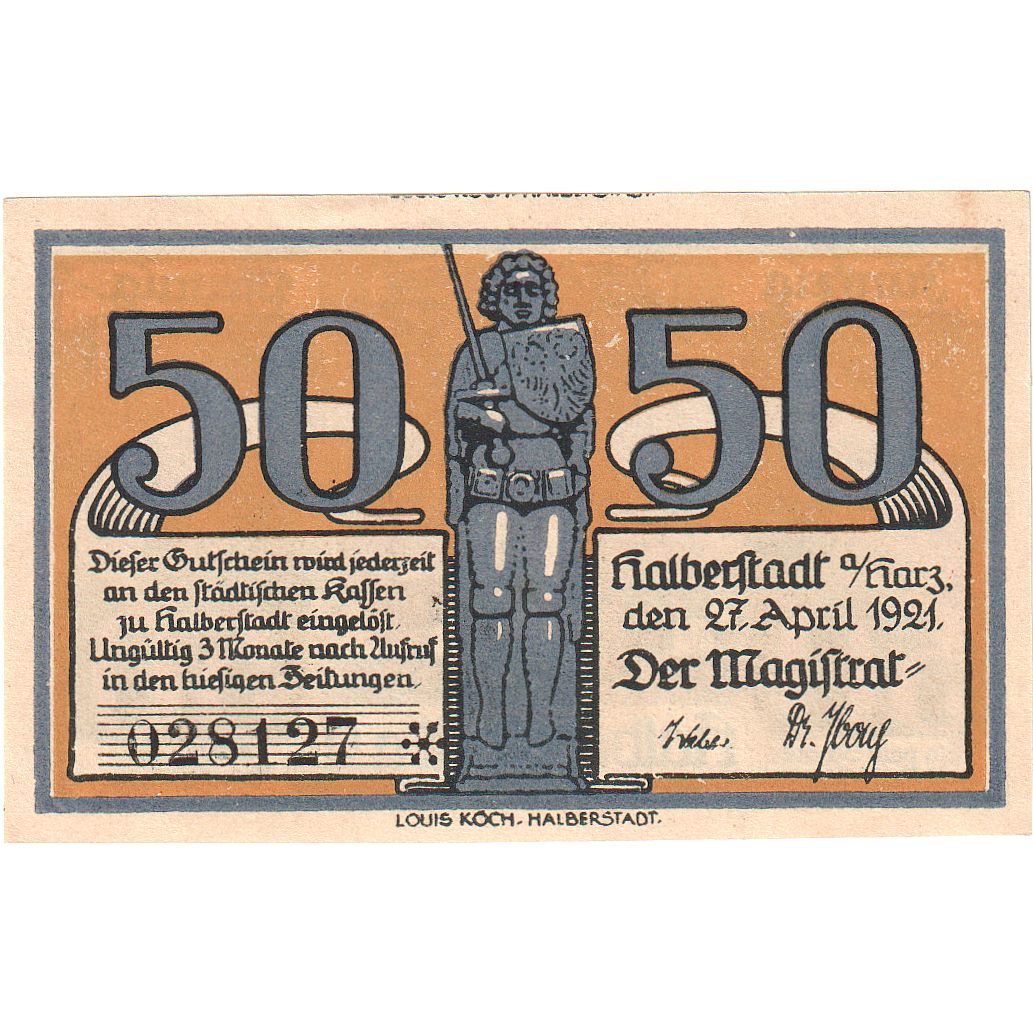Geldschein, Deutschland, Halberstadt, 50 Pfennig, personnage, 1921, 1921-04-27