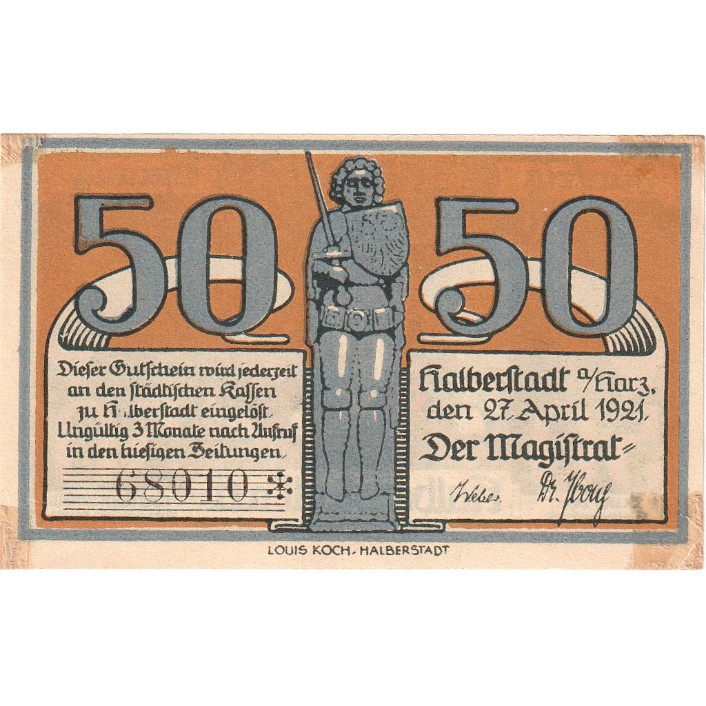 Banknot, Niemcy, Halberstadt, 50 Pfennig, personnage 1, 1921, 1921-04-27