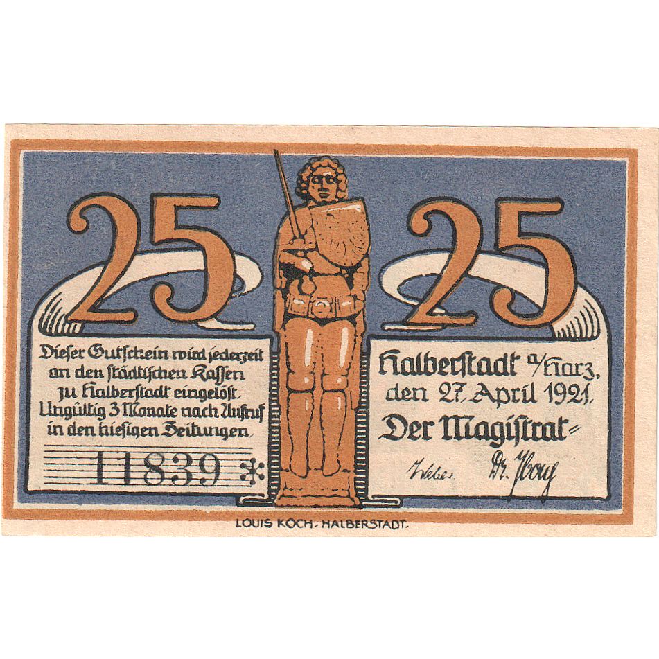 Geldschein, Deutschland, Halberstadt, 25 Pfennig, personnage, 1921, 1921-04-27