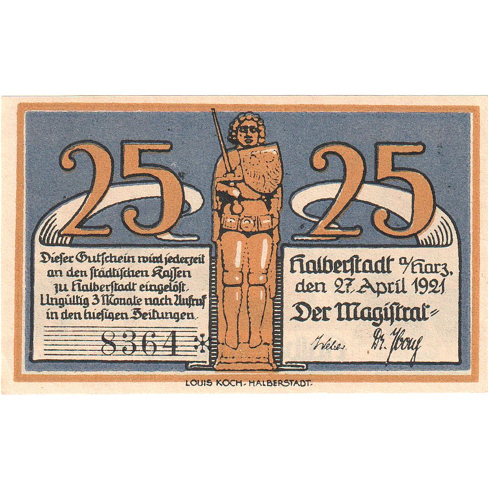 Banknot, Niemcy, Halberstadt, 25 Pfennig, personnage 1, 1921, 1921-04-27
