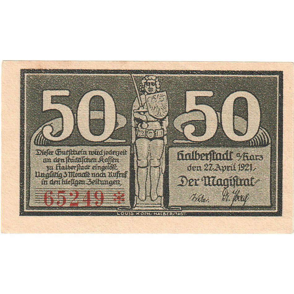 Banknot, Niemcy, Halberstadt, 50 Pfennig, personnage, 1921, 1921-04-27, UNC(63)