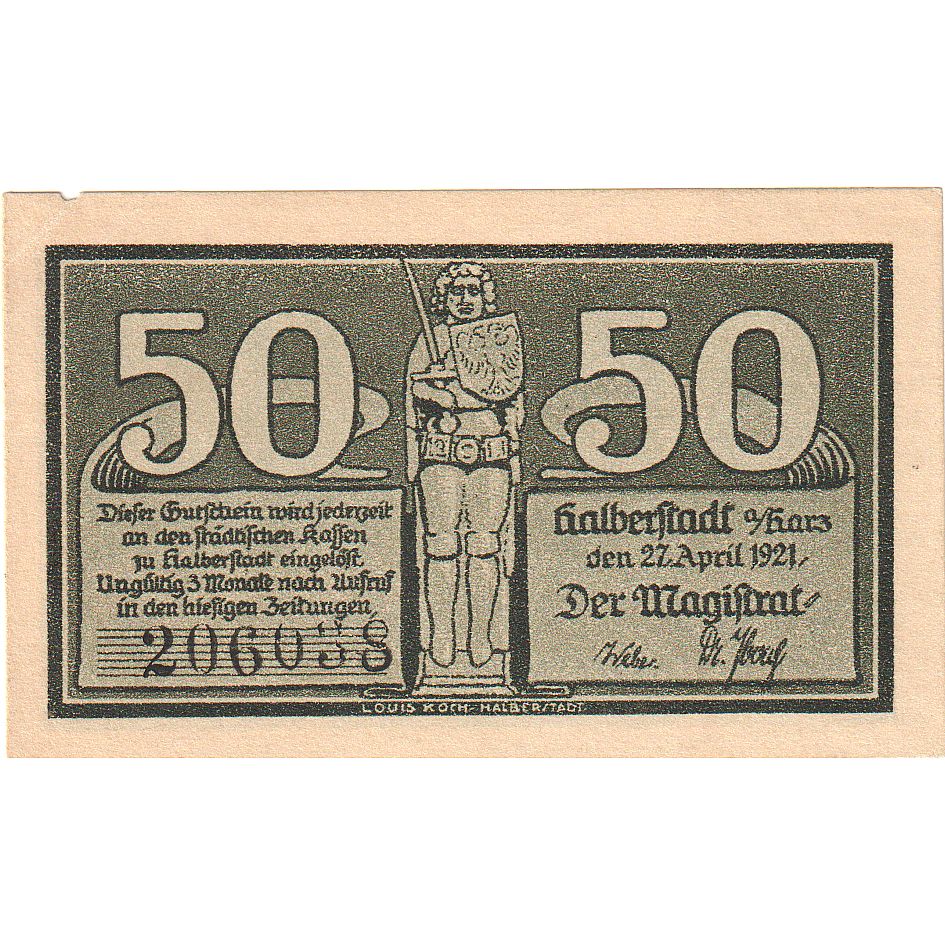 Banknot, Niemcy, Halberstadt, 50 Pfennig, personnage 1, 1921, 1921-04-27