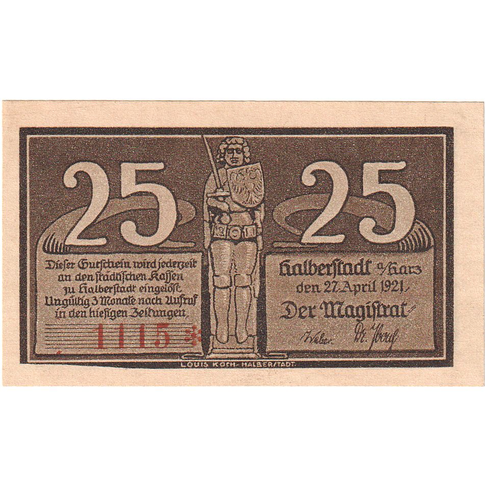 Geldschein, Deutschland, Halberstadt, 25 Pfennig, personnage, 1921, 1921-04-27