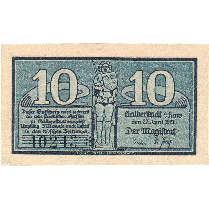 Banknot, Niemcy, Halberstadt, 10 Pfennig, personnage 1, 1921, 1921-04-27