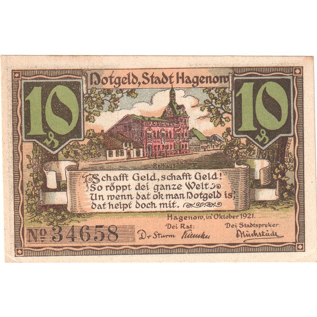 Geldschein, Deutschland, Hagenow, 10 Pfennig, Animaux, 1921, UNZ, Mehl:500.1a