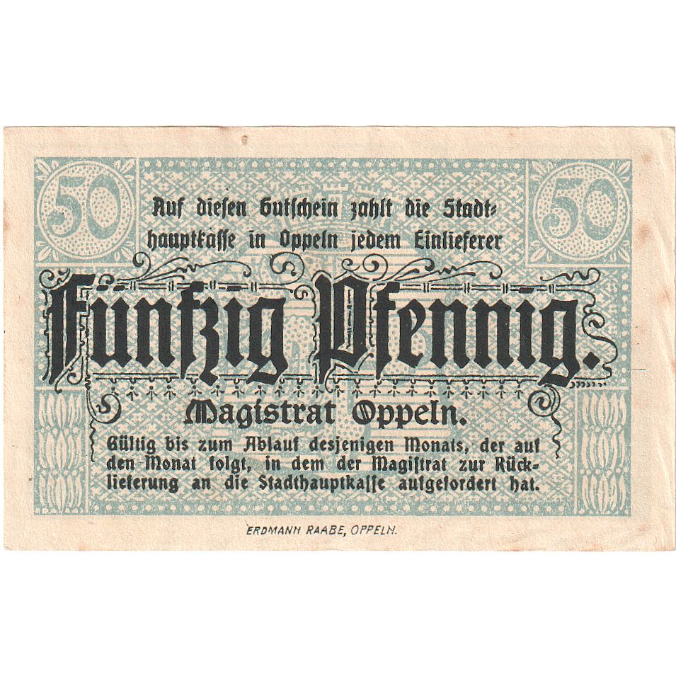 Banknote, Germany, OPPELN, 50 Pfennig, place, UNC(63), Mehl:O22.5d