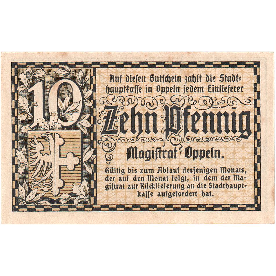 Geldschein, Deutschland, OPPELN, 10 Pfennig, place, UNZ-, Mehl:O22.5c