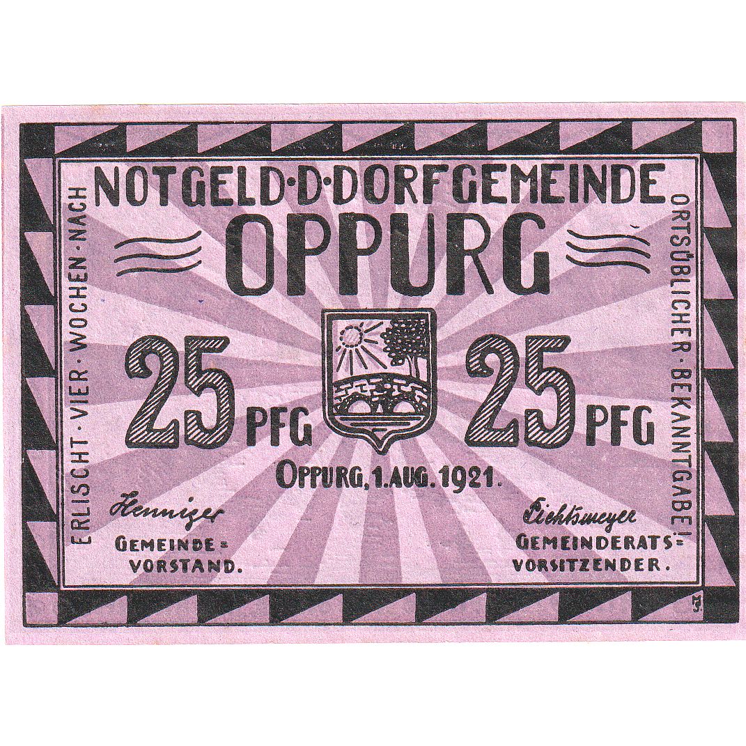 Banconote, Germania, Oppurg, 25 Pfennig, pont, 1921, 1921-08-01, FDS