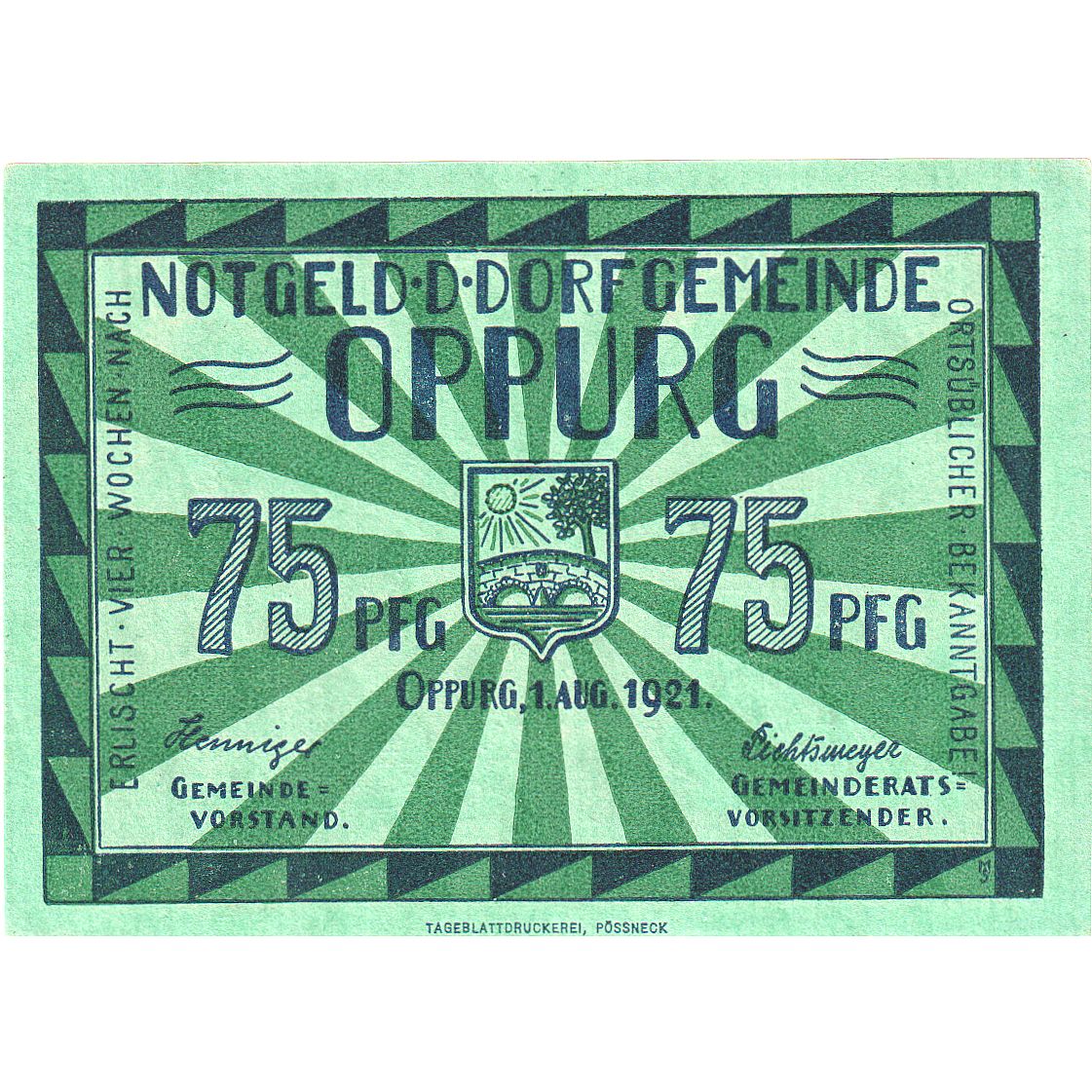 Banconote, Germania, Oppurg Dorfgemeinde, 75 Pfennig, paysage, 1921, 1921-08-01