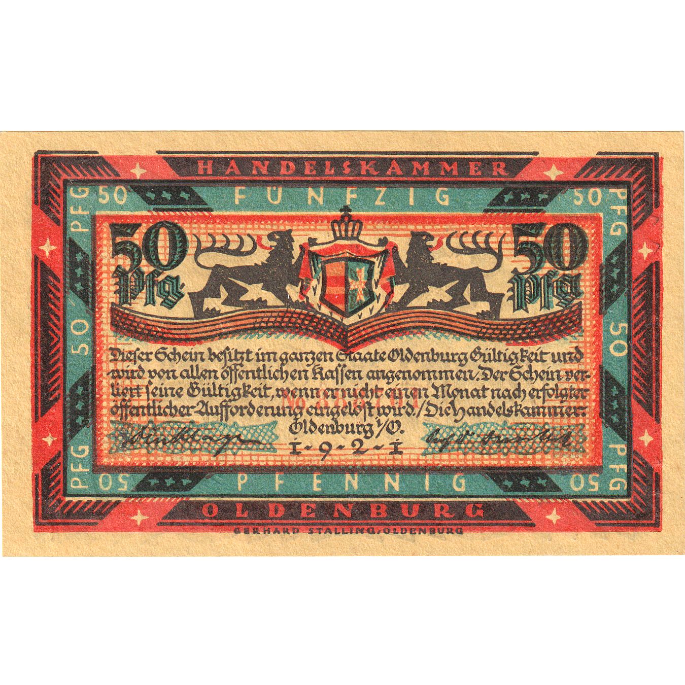 Geldschein, Deutschland, Oldenburg i.O. Handelskammer, 50 Pfennig, personnage