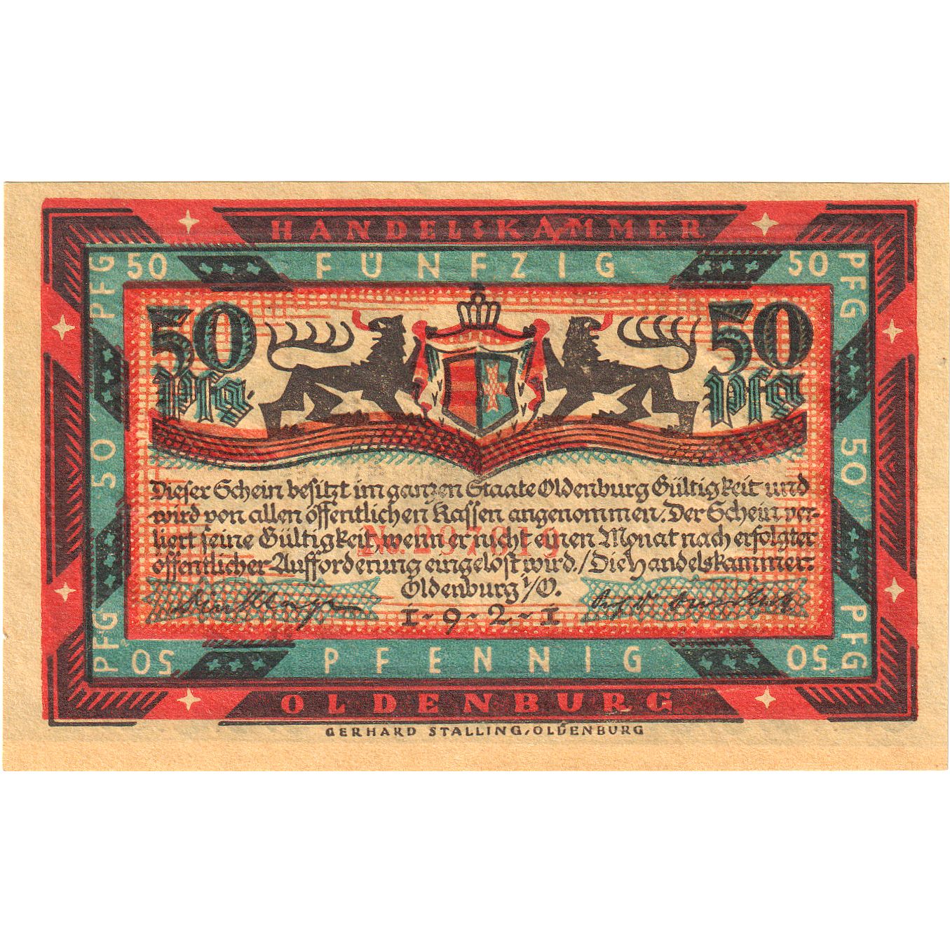Banconote, Germania, Oldenburg i.O. Handelskammer, 50 Pfennig, cavalier, 1921