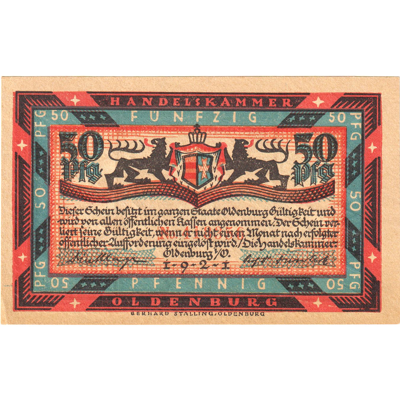 Banconote, Germania, Oldenburg i.O. Handelskammer, 50 Pfennig, cavalier 1, 1921