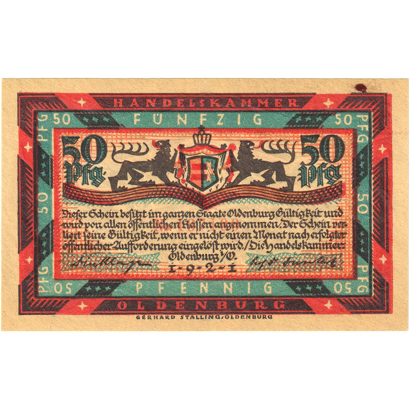 Banknot, Niemcy, Oldenburg i.O. Handelskammer, 50 Pfennig, paysage 1, 1921