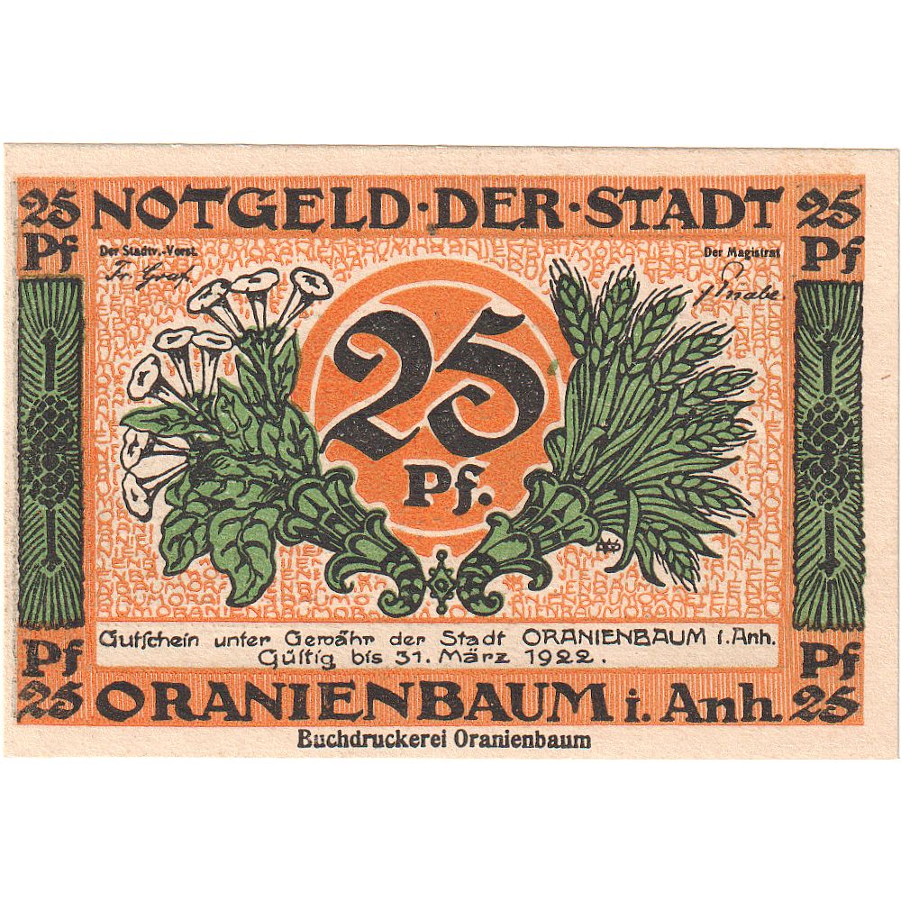 Geldschein, Deutschland, Oranienbaum, 25 Pfennig, Maison, O.D, UNZ, Mehl:1024.1
