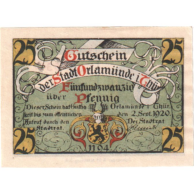 Geldschein, Deutschland, Orlamunde Stadt, 25 Pfennig, Batiment, 1920