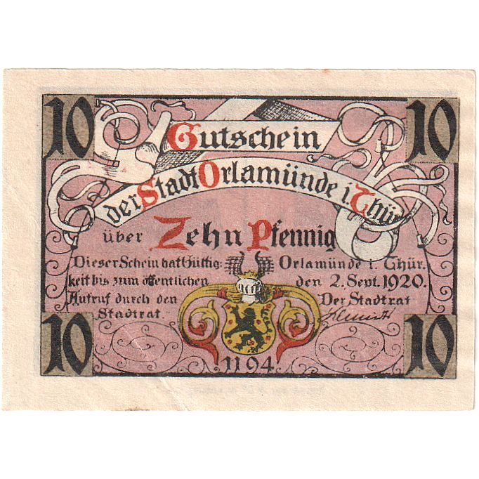 Geldschein, Deutschland, Orlamunde Stadt, 10 Pfennig, Batiment, 1920