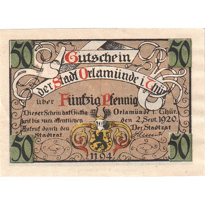 Geldschein, Deutschland, Orlamunde Stadt, 50 Pfennig, Batiment, 1920