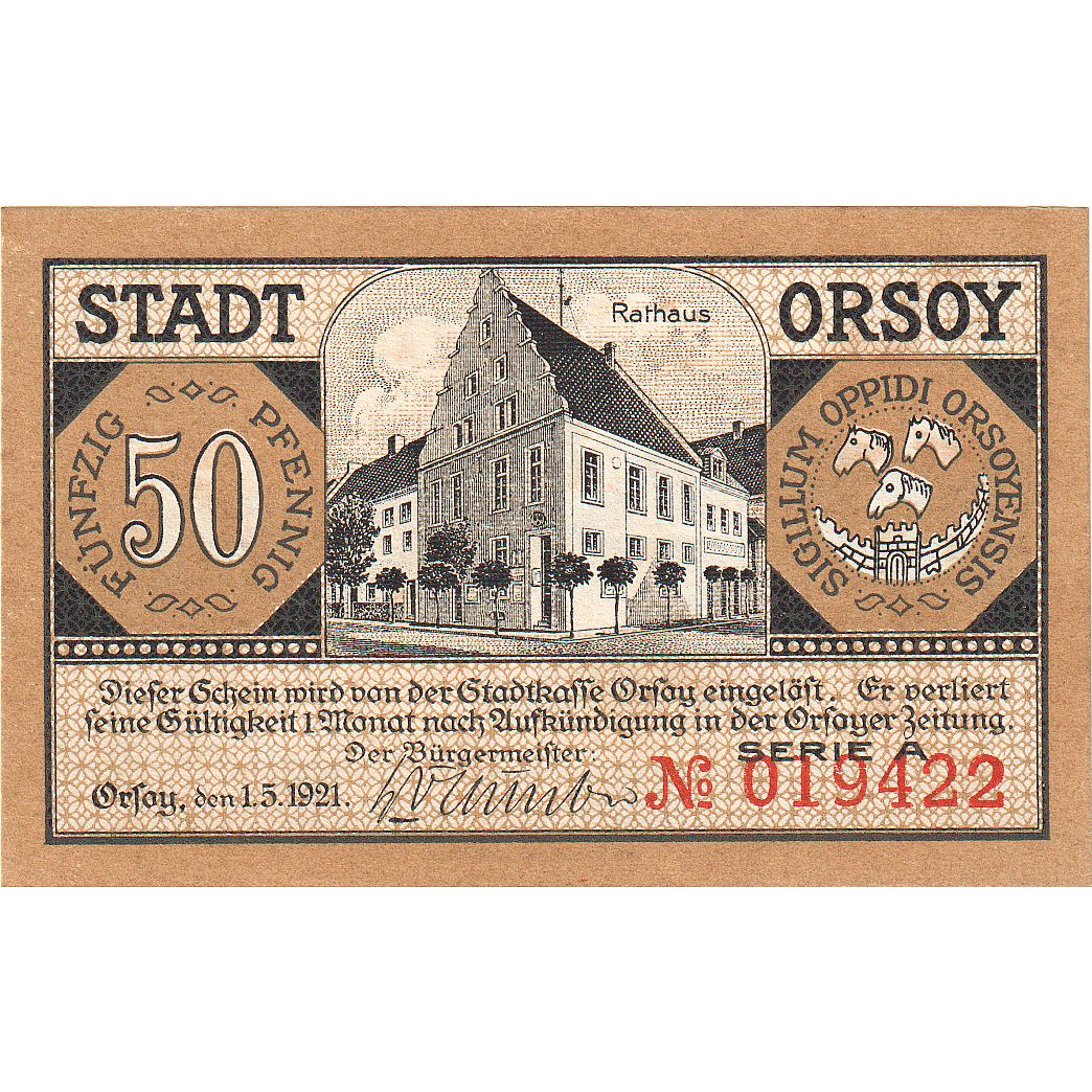Banknot, Niemcy, Orsoy Stadt, 50 Pfennig, paysage, 1921, 1921-05-01, UNC(65-70)