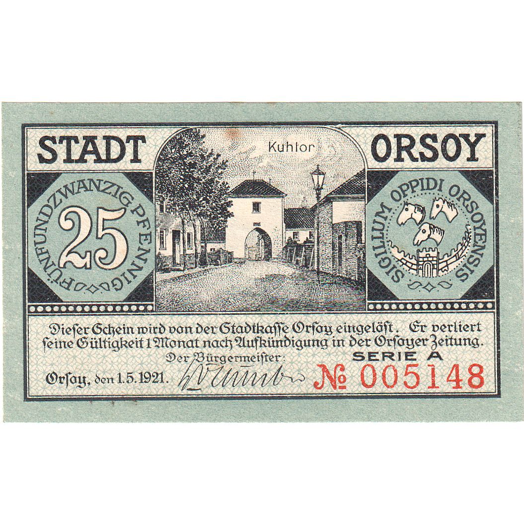 Banknot, Niemcy, Orsoy Stadt, 25 Pfennig, paysage 1, 1921, 1921-05-01