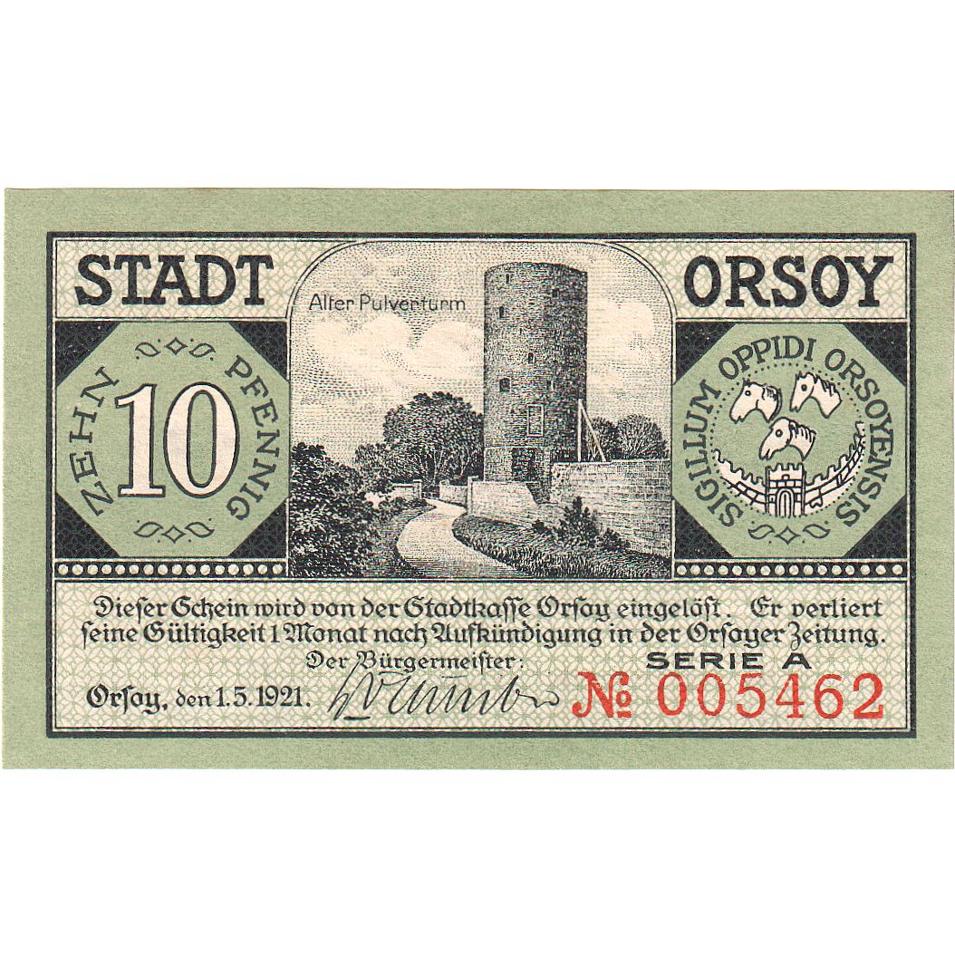 Banknot, Niemcy, Orsoy Stadt, 10 Pfennig, paysage 1, 1921, 1921-05-01