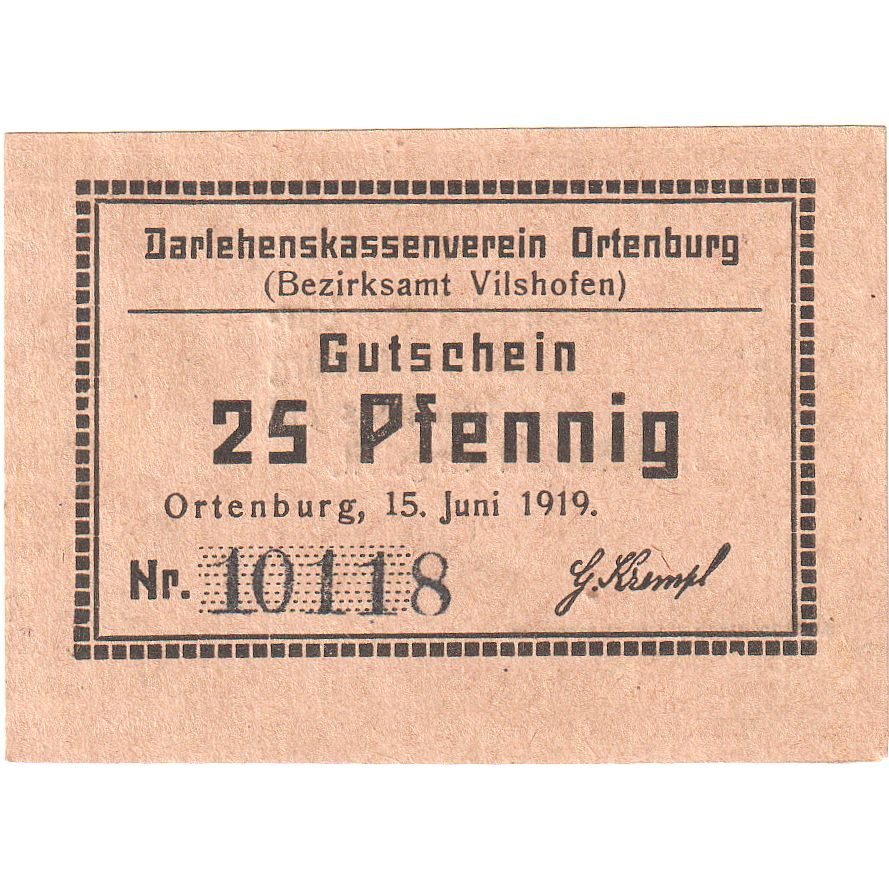 Banknote, Germany, Ortenburg, 25 Pfennig, Texte, 1919, 1919-06-15, UNC(63)