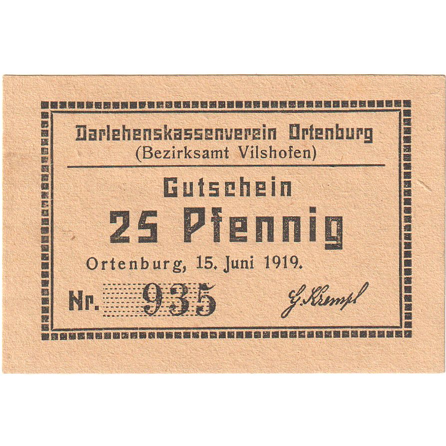 Banknote, Germany, Ortenburg, 25 Pfennig, texte 1, 1919, 1919-06-15, UNC(63)