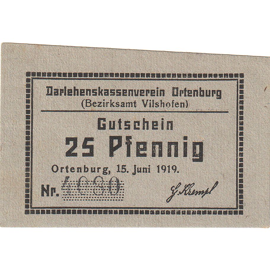 Banconote, Germania, Ortenburg, 25 Pfennig, Texte 2, 1919, 1919-06-15, SPL